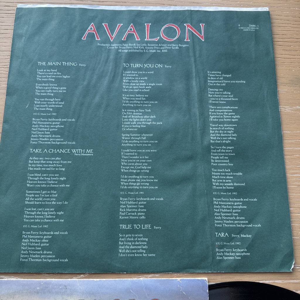 1982 ROXY MUSIC AVALON US Press bryan ferry w/ Original lyric inner sleeve!