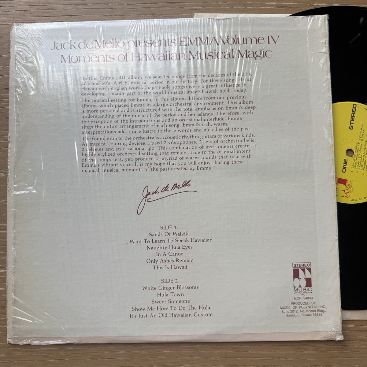 1970 Emma Moments Of Hawaiian Musical Magic Vinyl Record In Shrink! VG+