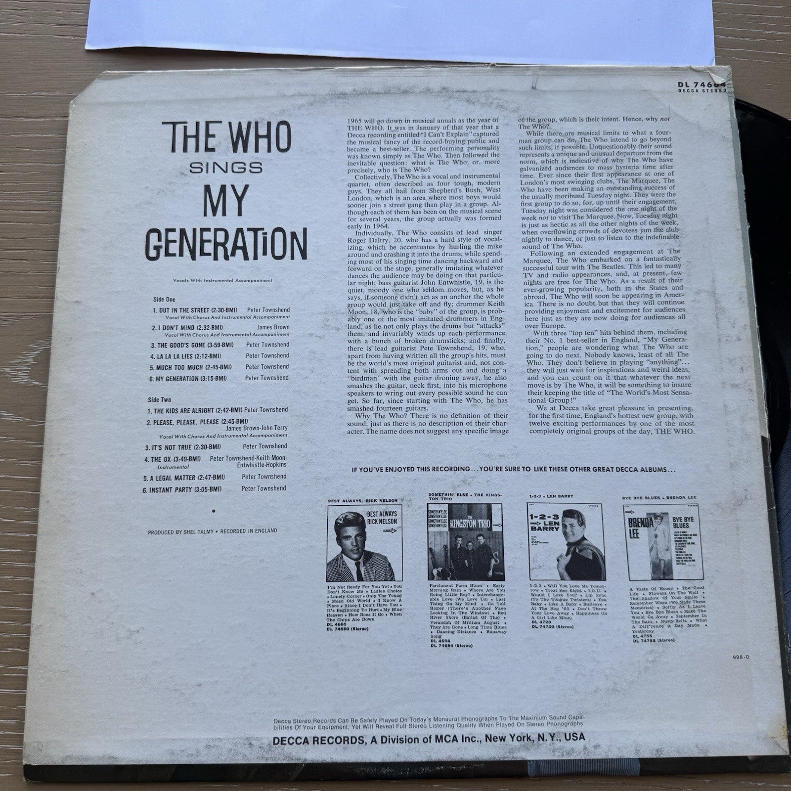 1967 The Who My Generation US Pressing LP Deca Vinyl Record RARE Copy