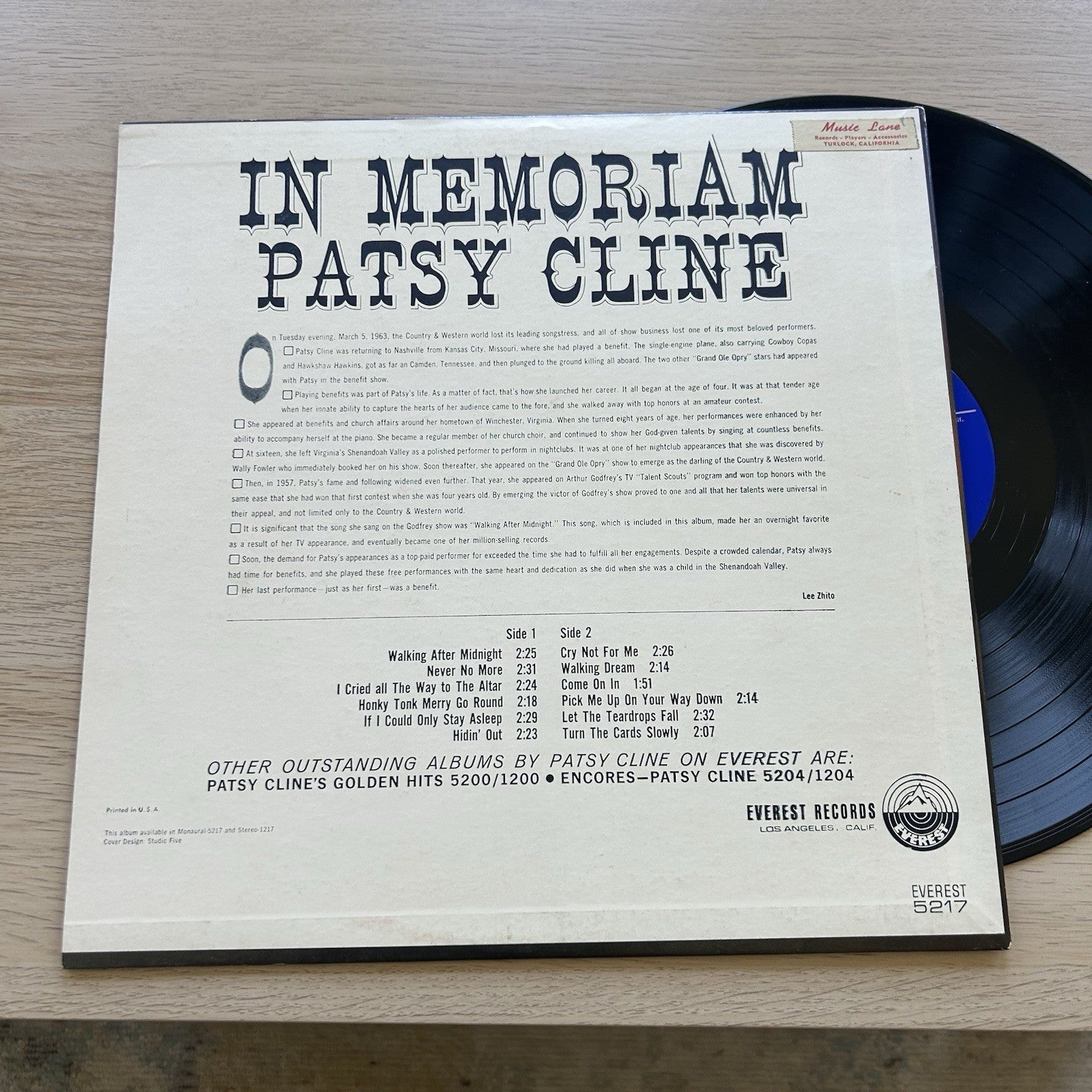 PATSY CLINE 1st Pressing US in memoriam EVEREST 12" LP 33 RPM