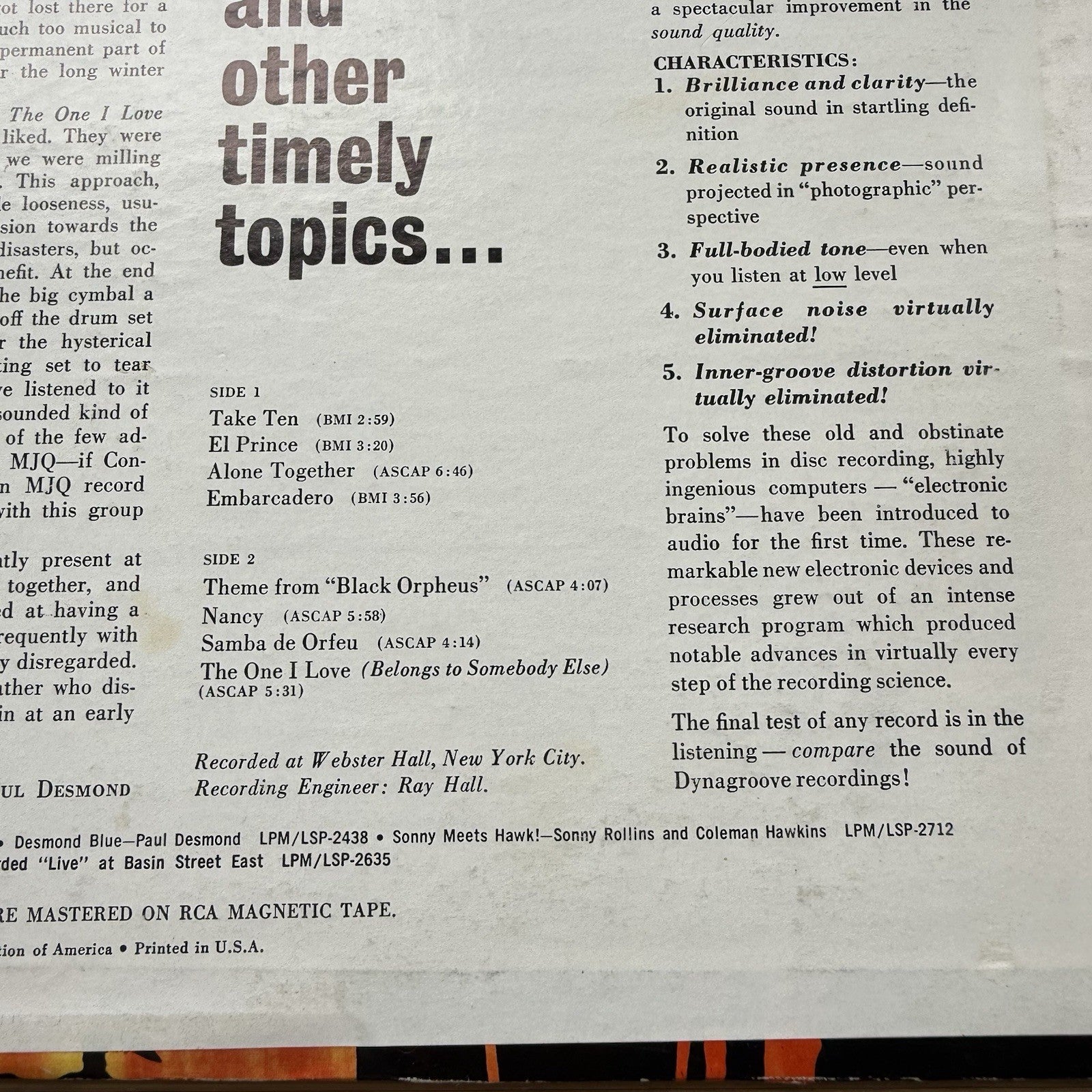 1970s Paul Desmond Take Ten US Press Vinyl LP VG+ Complete W/ Original Sleeve!