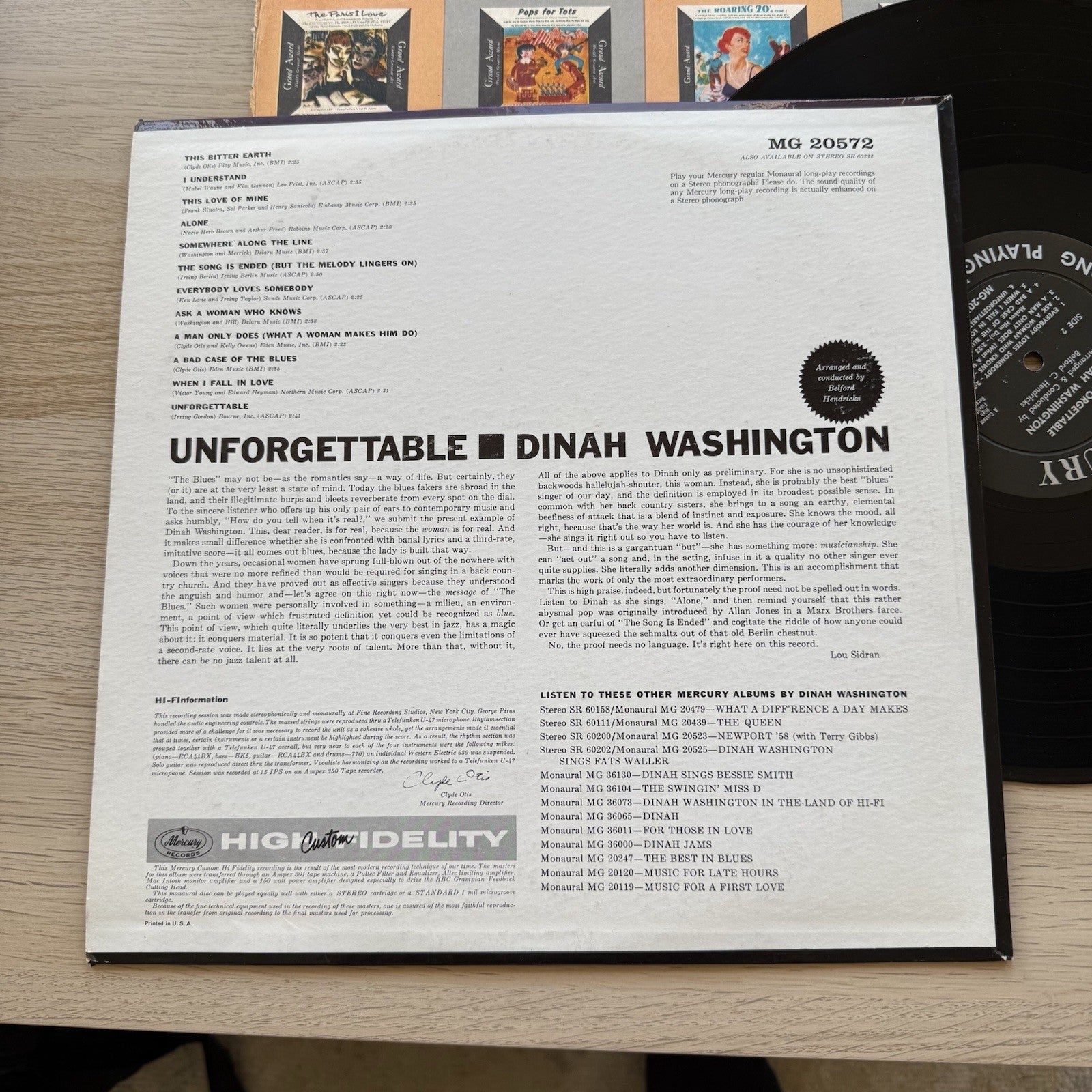 1961 DINAH WASHINGTON UNFORGETTABLE LP ORIGINAL MONO Complete W/OG Sleeve!