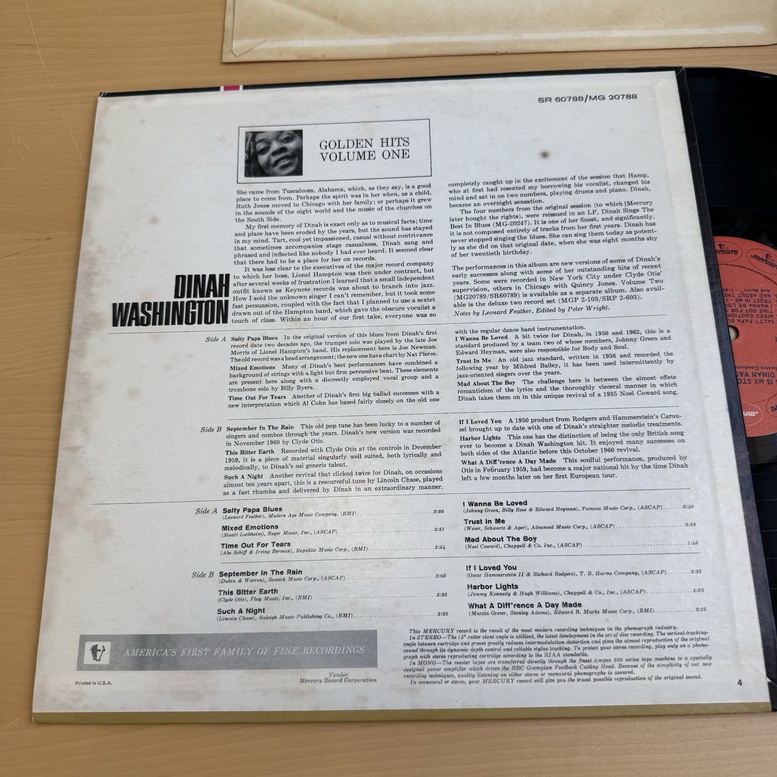 Dinah Washington Golden Hits Vol 1 LP Mercury SR 60788 Stereo Jazz VG+