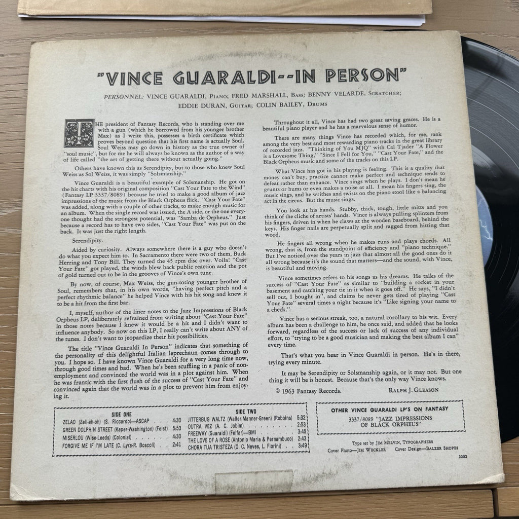 1970s Vince Guaraldi ‎In Person Vinyl LP US Pressing Fantasy Records
