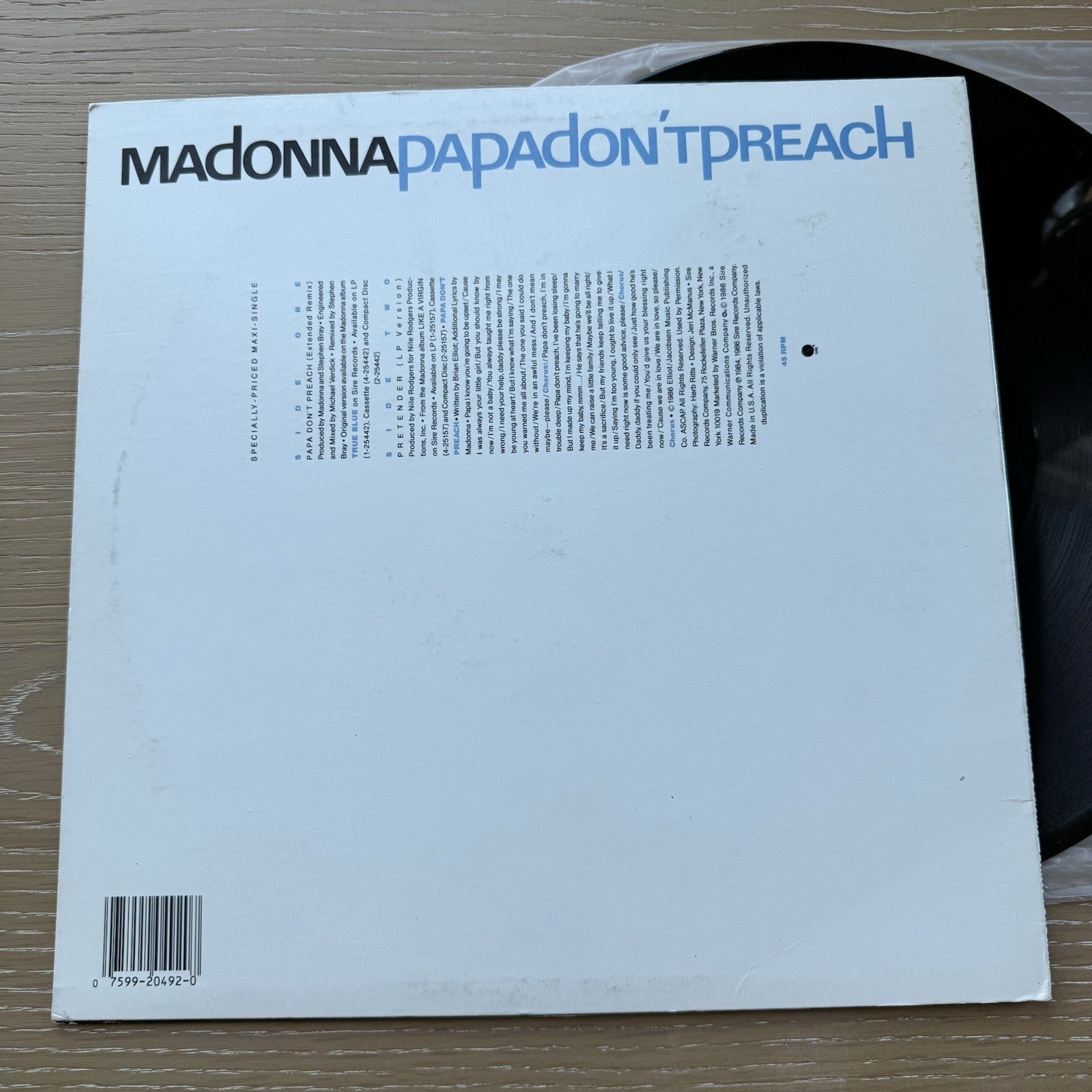 1986 Madonna ‎Papa Don't Preach Extended 12" Gold Stamp PROMO  Sire ‎– 0-20492